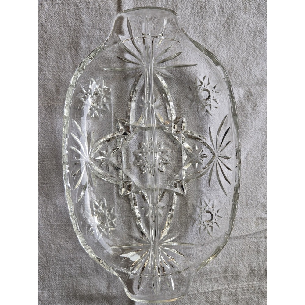 Vintage Oval Candy Relish Dip Serving Tray Clear Glass Two Section Star Holiday
